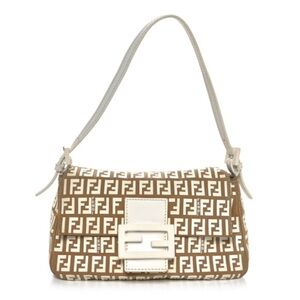 Auth RARE FENDI Tan khaki canvas White rubber zucchino mini mama Baguette Bag